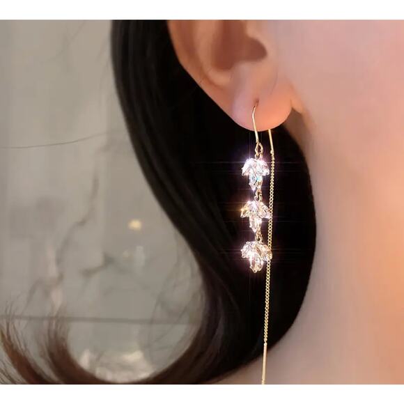 Maple Leaf Cubic Zircon Gold Threader Earrings Elegant Prom Wedding Special - Picture 2 of 5